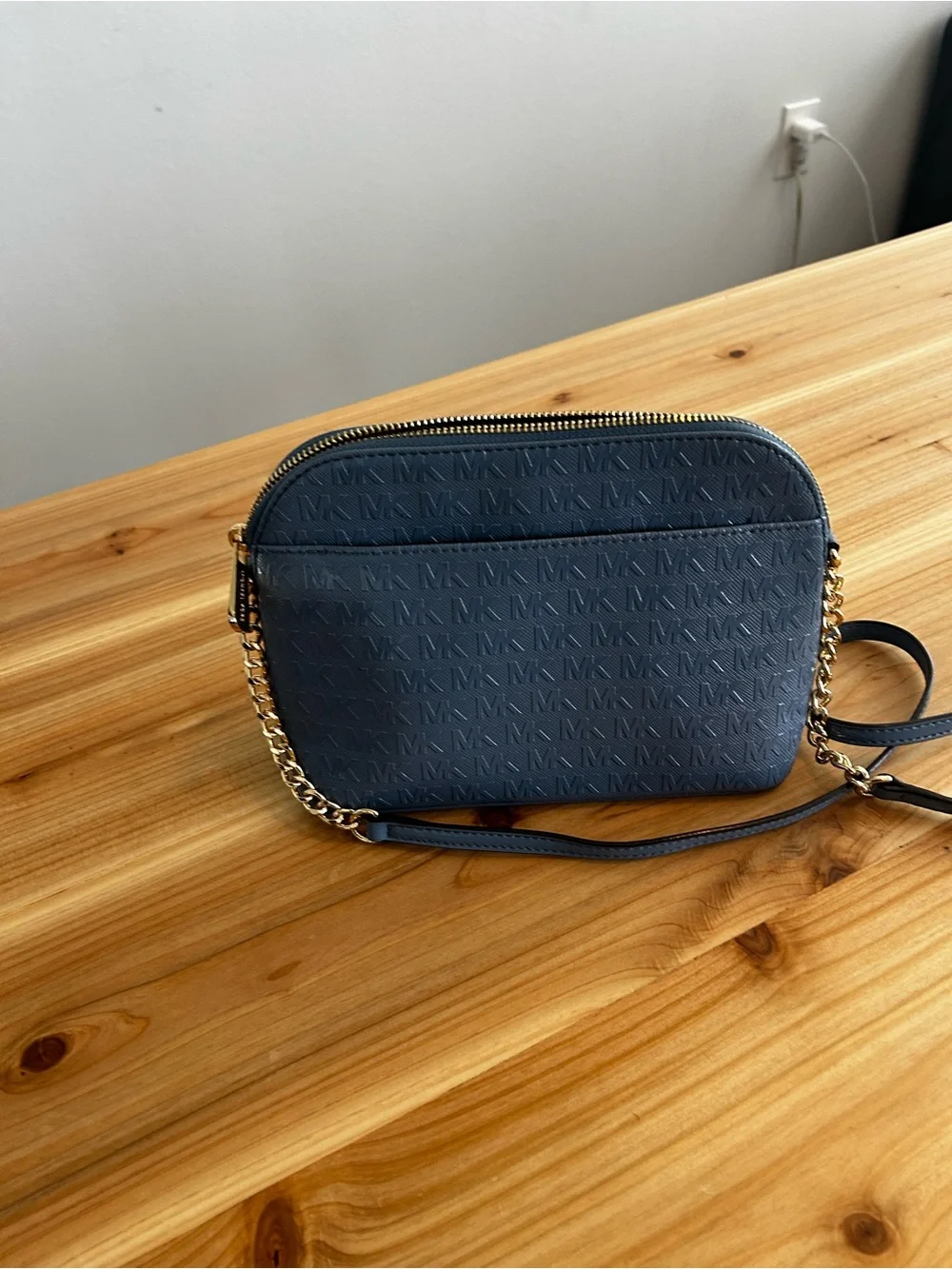 Michael Kors Jet Set Camera Crossbody Blue Signature Dome with Embossed MK Loho